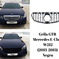 Imagine frontală cu grilă GTR neagră pentru Mercedes E-Class W212 Facelift (2013–2015), fabricată din plastic ABS rezistent, design sportiv și elegant.