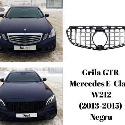 Colaj comparativ înainte și după montaj grilă GTR neagră pe Mercedes E-Class W212 Facelift, evidențiind transformarea estetică a mașinii.