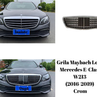 Grilă frontală Maybach Look crom pentru Mercedes-Benz E-Class W213 (2016–2019), imagine din față, stil premium, material ABS rezistent cu finisaj crom.