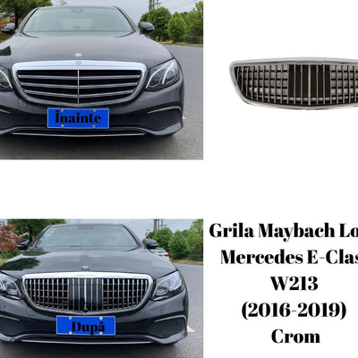 Mercedes E-Class W213 gri (2016–2019) înainte și după montaj grilă Maybach Look crom, vedere frontală completă pentru prezentarea transformării.