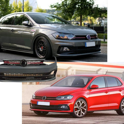 Volkswagen Polo MK6 gri cu bară față GTI montată și imagine comparativă cu bara originală și kit-ul tuning GTI