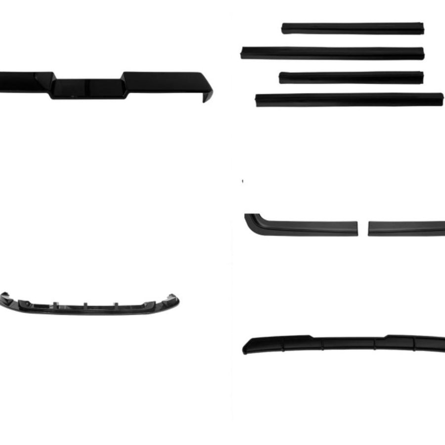Toate elementele kitului Aero ABT pentru Volkswagen T6 prezentate separat: difuzor, splitter, spoiler, praguri – finisaj negru.