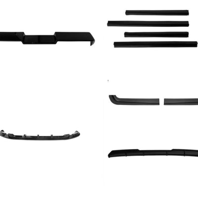 Toate elementele kitului Aero ABT pentru Volkswagen T6 prezentate separat: difuzor, splitter, spoiler, praguri – finisaj negru.