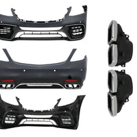 Kit exterior complet S63 AMG pentru Mercedes Clasa S W222, compus din bară față, bară spate, grilă, ornamente evacuare, praguri și elemente suport.