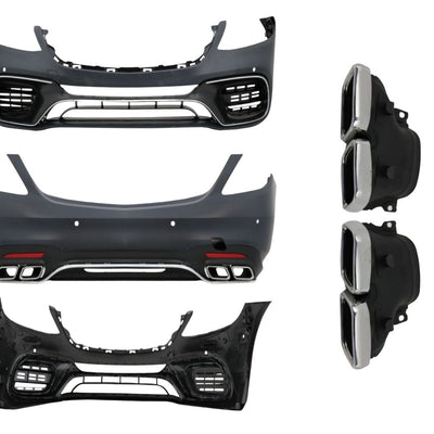 Set complet de componente S63 AMG pentru upgrade estetic – bară față, bară spate, ornamente, difuzor, evacuări.