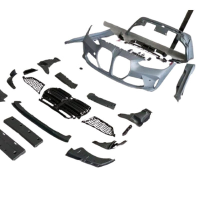 Kit frontal aspect M4 pentru BMW G22/G23 – include bară față, grilă dublă, grile laterale, difuzor inferior și elemente de prindere, pregătite pentru montaj.