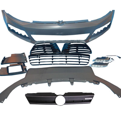 Kit complet bară față R compatibil cu VW Jetta A6 2012–2014, include elemente decorative, grilă centrală cu suport emblemă, grile laterale, LED-uri și panou inferior. Ideal pentru upgrade exterior sportiv.