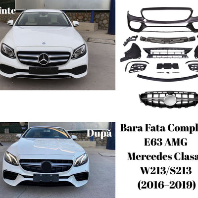 Imagine comparativă a unui Mercedes E-Class W213 înainte și după montaj bară față design AMG