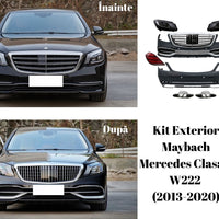 Pachet complet kit exterior Maybach Look pentru Mercedes-Benz S-Class W222 (2013–2020), cu bare față/spate, grilă, faruri, stopuri și ornamente evacuare