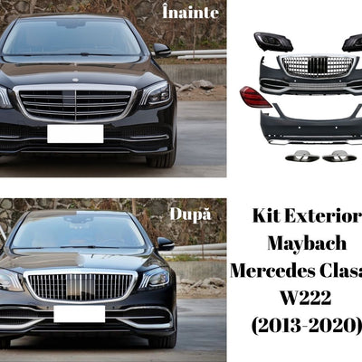 Comparativ frontal înainte și după montaj kit Maybach pentru Mercedes-Benz S-Class W222, upgrade vizual premium