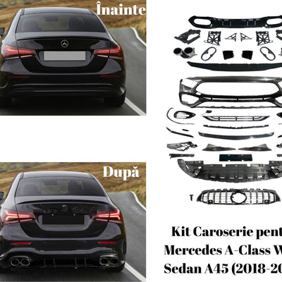 Diferență estetică spate înainte și după montajul kitului A45 AMG Look pe Mercedes A-Class Sedan W177