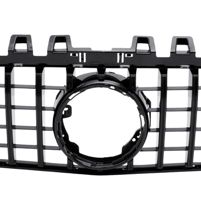 Prim-plan cu detaliu central al grilei GTR pentru Mercedes A-Class W177 (2019+), zona dedicată emblemei, finisaj negru lucios.