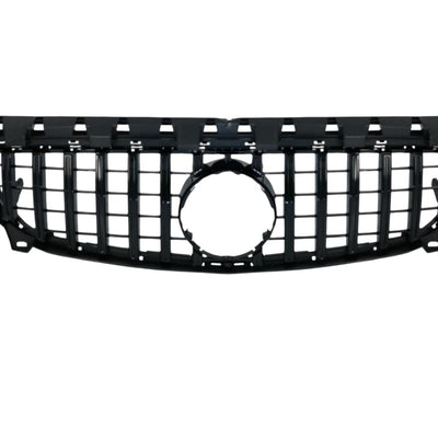 Detaliu gros-plan al grilei GTR Negru pentru Mercedes CLA W117 2016–2018, cu bare verticale și finisaj negru lucios, ABS rezistent.