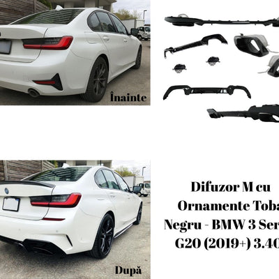 Colaj comparativ înainte/după cu BMW 3 Series G20 echipat cu difuzor M și ornamente negre. Include imaginea pieselor și efectul vizual final. Compatibil 340i (2019+).