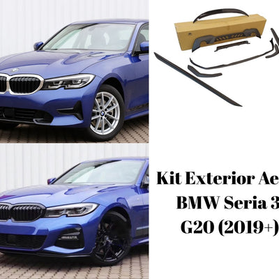 BMW Seria 3 G20 albastru cu difuzor sport și eleron negru, vedere din spate-lateral, prezentând componente aftermarket montate