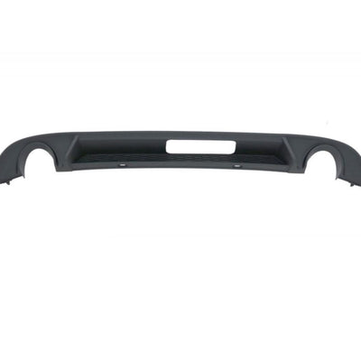 Difuzor spate sportiv pentru Volkswagen Golf 7.5 facelift 2017+, design R-Line cu decupaje duble pentru evacuare, material ABS rezistent, finisaj negru mat, pregătit pentru montaj.