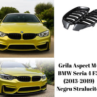 Grilă sport M4 look pentru BMW Seria 4 F32/F33 (2013–2019), fabricată din ABS negru lucios, prezentare laterală a componentelor auto aftermarket.