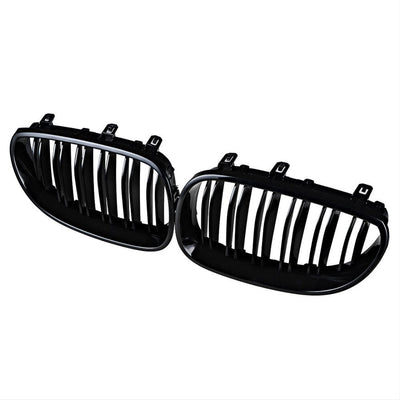 Set grile față BMW Seria 5 E60 (2004–2009), design sportiv Look M5, realizate din plastic ABS negru lucios, fotografiate pe fundal alb, unghi frontal.