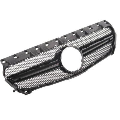 Grilă CLA 45 Look Negru aftermarket pentru Mercedes CLA W117 2013–2015, prezentată din unghi lateral stânga, design sportiv cu finisaj lucios.