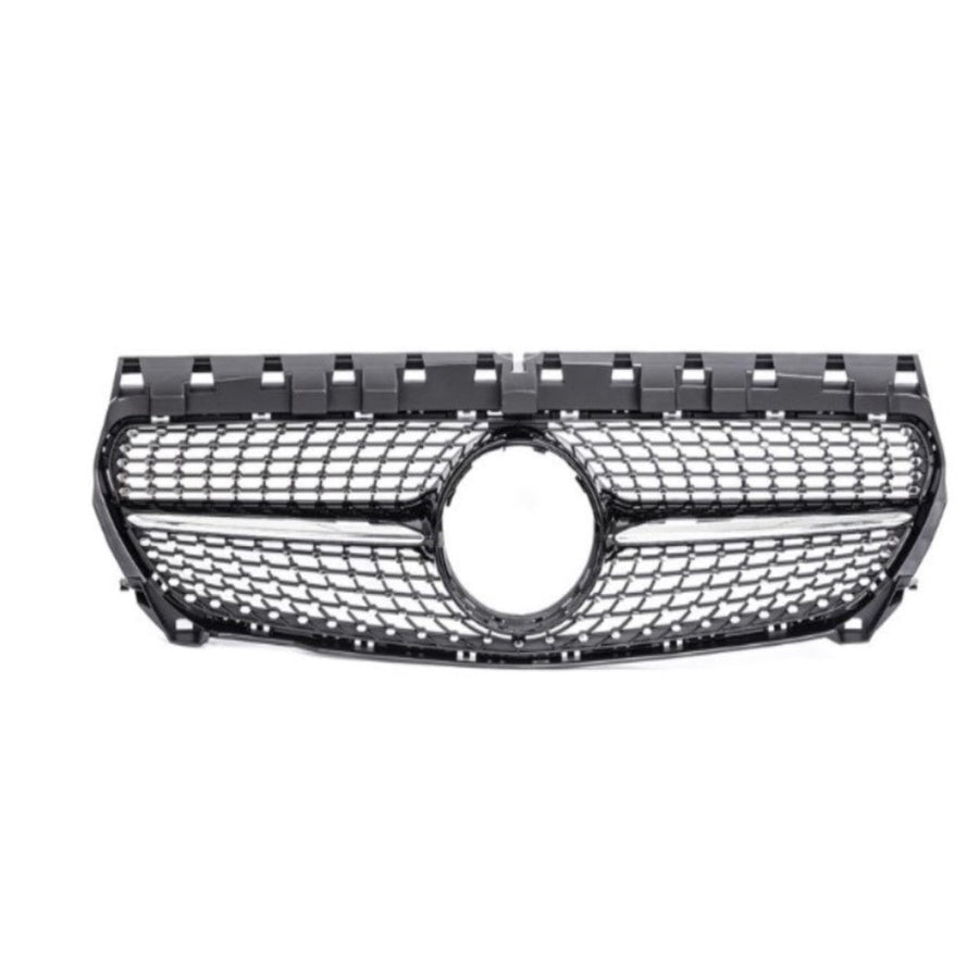 Vedere frontală grilă CLA 45 Look gri pentru Mercedes CLA W117 (2013–2015), fabricată din ABS rezistent, stil sportiv și elegant.