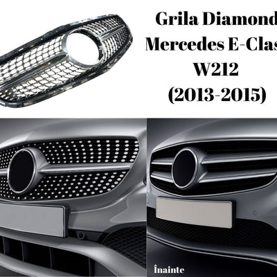 Grilă Diamond Look aftermarket instalată pe Mercedes-Benz E-Class W212 Facelift 2013–2015, vedere laterală detaliată, comparativ cu modelul original.