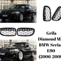 Set complet grile frontale Diamond M3 Look pentru BMW Seria 3 E90 Sedan/Touring 2006–2009, finisaj negru lucios, vedere frontală.