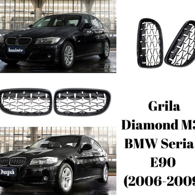 Colaj comparativ BMW E90 cu grilă standard vs. grilă Diamond M3 Look, evidențiind diferența estetică între modelul original și upgrade-ul aftermarket.