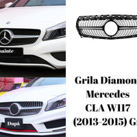 Grilă frontală Diamond gri compatibilă cu Mercedes-Benz CLA W117 (2013–2015), vedere din față, material ABS, stil sportiv aftermarket.