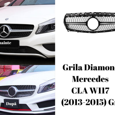 Colaj cu grila originală și grila Diamond gri pentru Mercedes CLA W117 (2013–2015), ilustrare vizuală înainte și după montaj, design sportiv aftermarket.