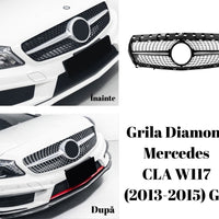 Grilă frontală Diamond gri compatibilă cu Mercedes-Benz CLA W117 (2013–2015), vedere din față, material ABS, stil sportiv aftermarket.