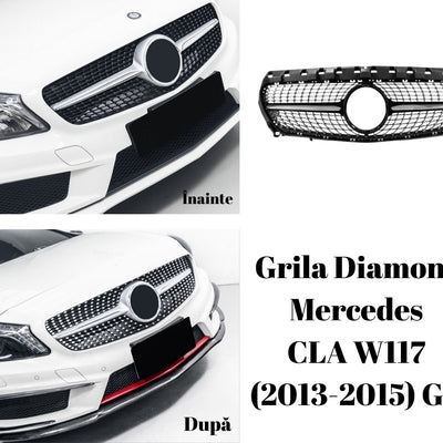 Colaj ce prezintă Mercedes CLA W117 (2013–2015) înainte și după montarea grilei Diamond gri, comparativ între grila stock și modelul aftermarket sportiv.