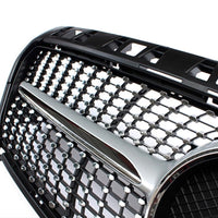 Grilă frontală Diamond gri compatibilă cu Mercedes-Benz CLA W117 (2013–2015), vedere din față, material ABS, stil sportiv aftermarket.