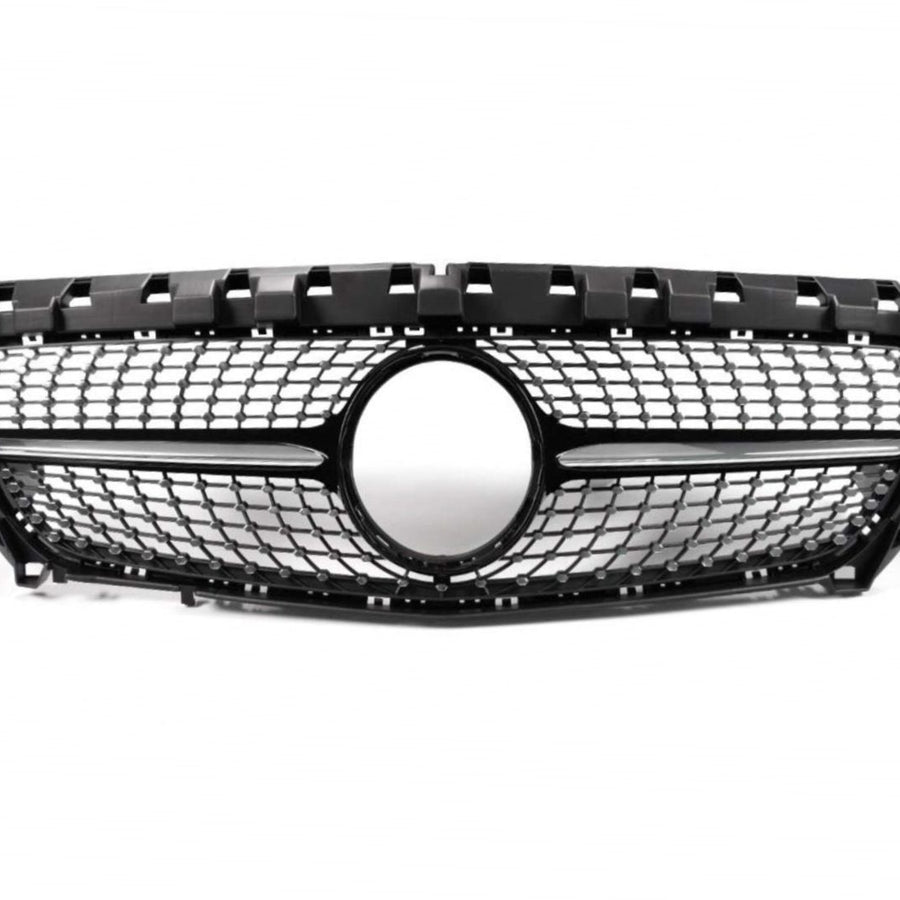 Grilă frontală Diamond gri compatibilă cu Mercedes-Benz CLA W117 (2013–2015), vedere din față, material ABS, stil sportiv aftermarket.
