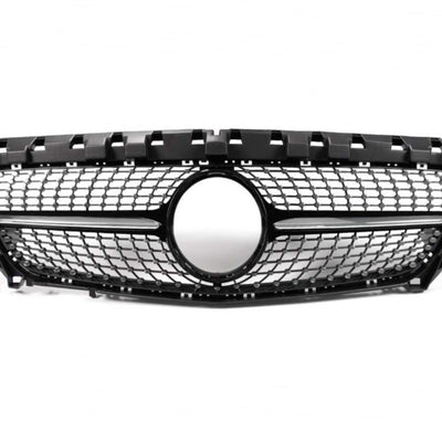 Grilă frontală Diamond gri compatibilă cu Mercedes-Benz CLA W117 (2013–2015), vedere din față, material ABS, stil sportiv aftermarket.