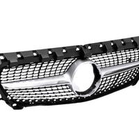 Grilă frontală Diamond gri compatibilă cu Mercedes-Benz CLA W117 (2013–2015), vedere din față, material ABS, stil sportiv aftermarket.