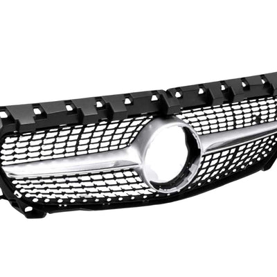 Grilă frontală Diamond gri pentru Mercedes CLA W117 (2013–2015), prezentată din unghi lateral, fabricată din ABS rezistent, design sportiv aftermarket.