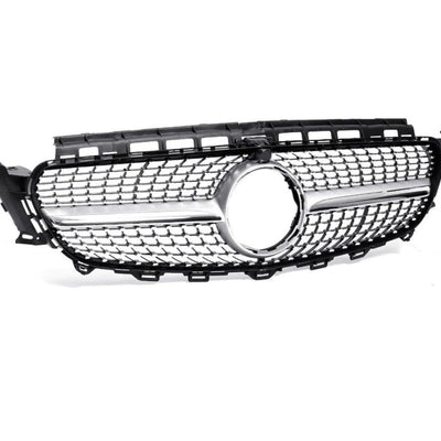 Grilă auto Diamond pentru Mercedes-Benz E-Class W213 (2016-2019), vedere din unghi lateral, design cromat, material ABS rezistent.