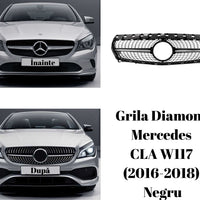 Grilă Diamond neagră compatibilă cu Mercedes-Benz CLA W117 (2016–2018), prezentată din față, model cu design tip diamant, finisaj premium.