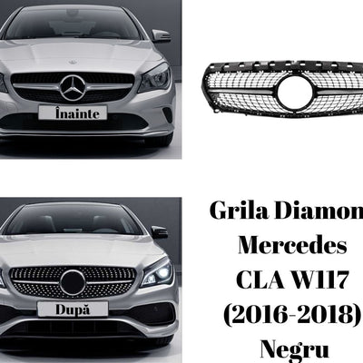 Colaj frontal cu Mercedes CLA W117 (2016–2018), comparând grila originală cu grila Diamond neagră aftermarket din ABS, evidențiind look-ul sportiv premium.