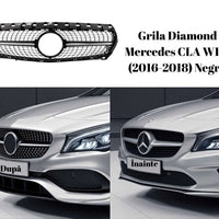 Grilă Diamond neagră compatibilă cu Mercedes-Benz CLA W117 (2016–2018), prezentată din față, model cu design tip diamant, finisaj premium.
