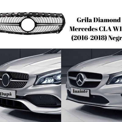 Colaj cu Mercedes CLA W117 (2016–2018) înainte și după instalarea grilei Diamond negre aftermarket, diferență vizibilă între grila OEM și modelul sportiv.