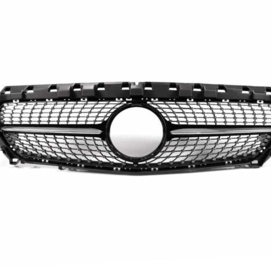 Grilă Diamond neagră compatibilă cu Mercedes-Benz CLA W117 (2016–2018), prezentată din față, model cu design tip diamant, finisaj premium.
