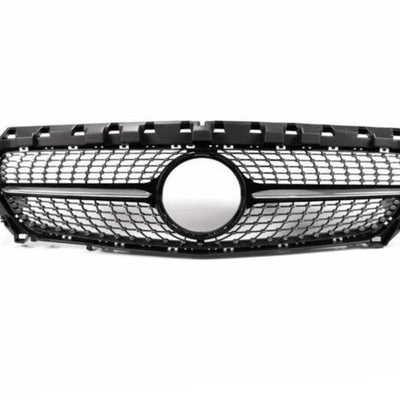 Grilă Diamond neagră compatibilă cu Mercedes-Benz CLA W117 (2016–2018), prezentată din față, model cu design tip diamant, finisaj premium.