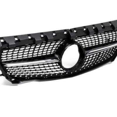 Grilă Diamond neagră pentru Mercedes CLA W117 (2016–2018), vedere laterală dreapta, design sportiv cu inserții cromate, piesă aftermarket ABS.