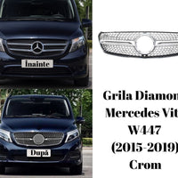 Grilă Diamond cromată compatibilă cu Mercedes Vito W447 (2015–2019), vedere frontală, design elegant cu inserții diamant și ramă cromată.