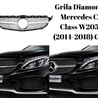 Grilă frontală Diamond gri crom compatibilă Mercedes C-Class W205 2014–2018, design premium din ABS cu finisaje elegante.