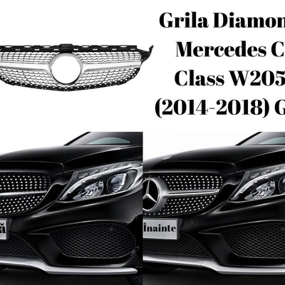 Comparativ înainte și după montaj grilă Diamond gri crom pentru Mercedes C-Class W205 2014–2018, design sportiv și elegant.