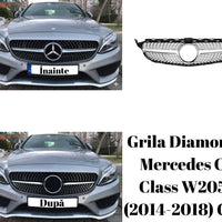 Grilă frontală Diamond gri crom compatibilă Mercedes C-Class W205 2014–2018, design premium din ABS cu finisaje elegante.