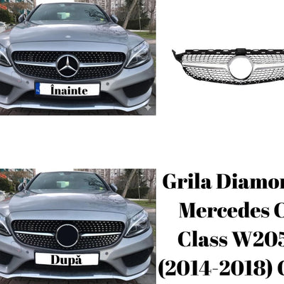 Mercedes C-Class W205 argintiu echipat cu grilă Diamond gri crom 2014–2018, fotografie frontală comparativă înainte și după montaj.