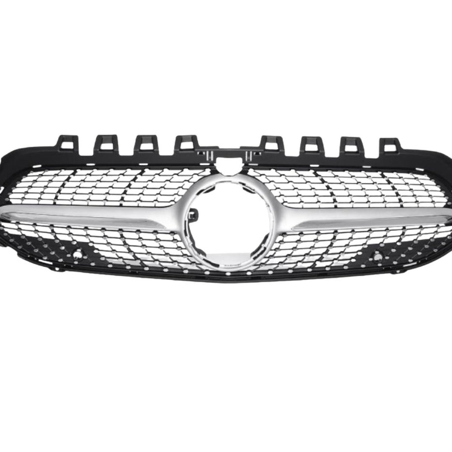 Grilă auto Diamond gri compatibilă cu Mercedes A-Class W177 2019+, design elegant din ABS, prezentare frontală a componentului.